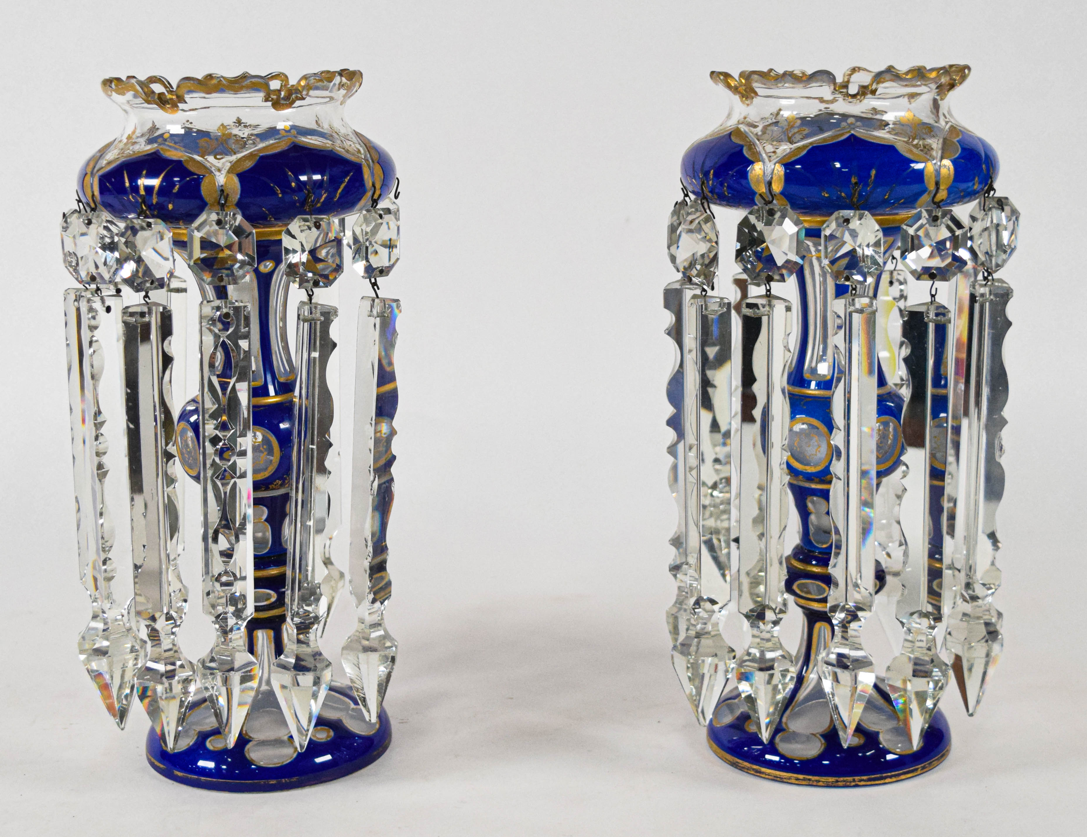 Pair of Bohemian Cobalt Blue Overlay Glass Lustres