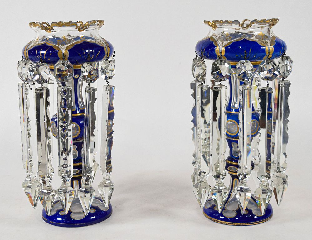 Lot 205: Pair of Bohemian Cobalt Blue Overlay Glass Lustres