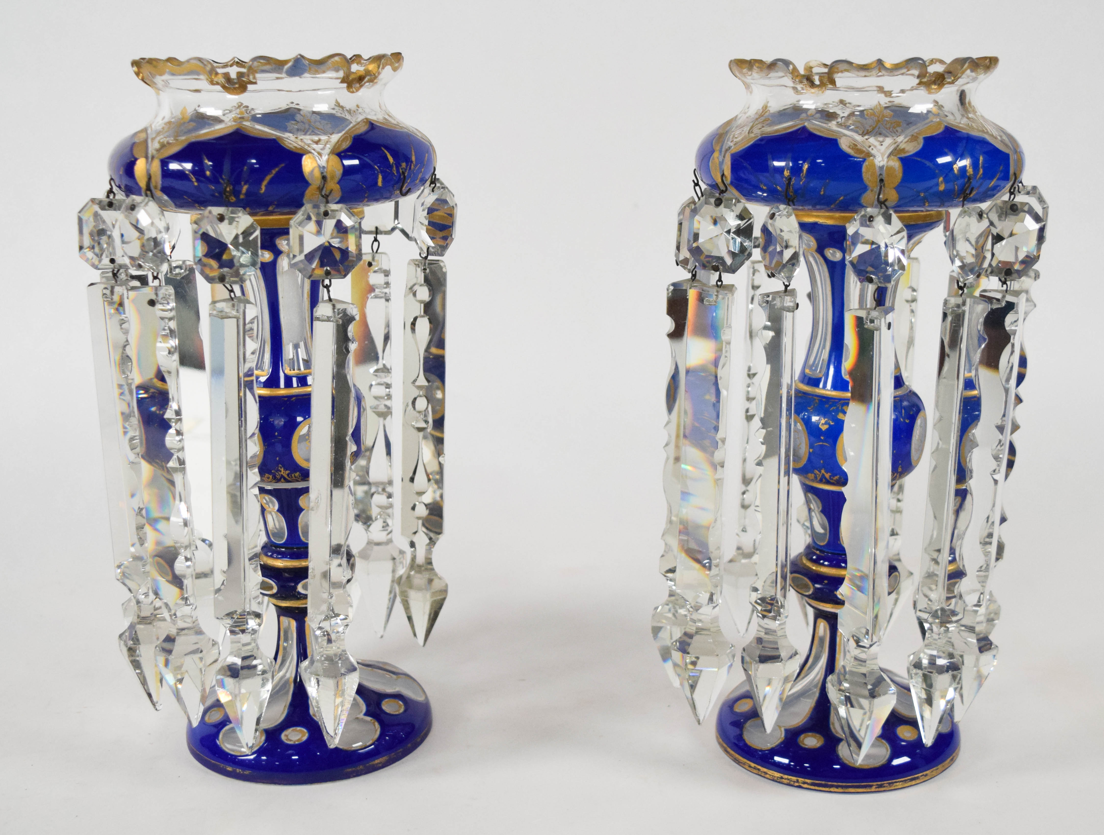 Pair of Bohemian Cobalt Blue Overlay Glass Lustres