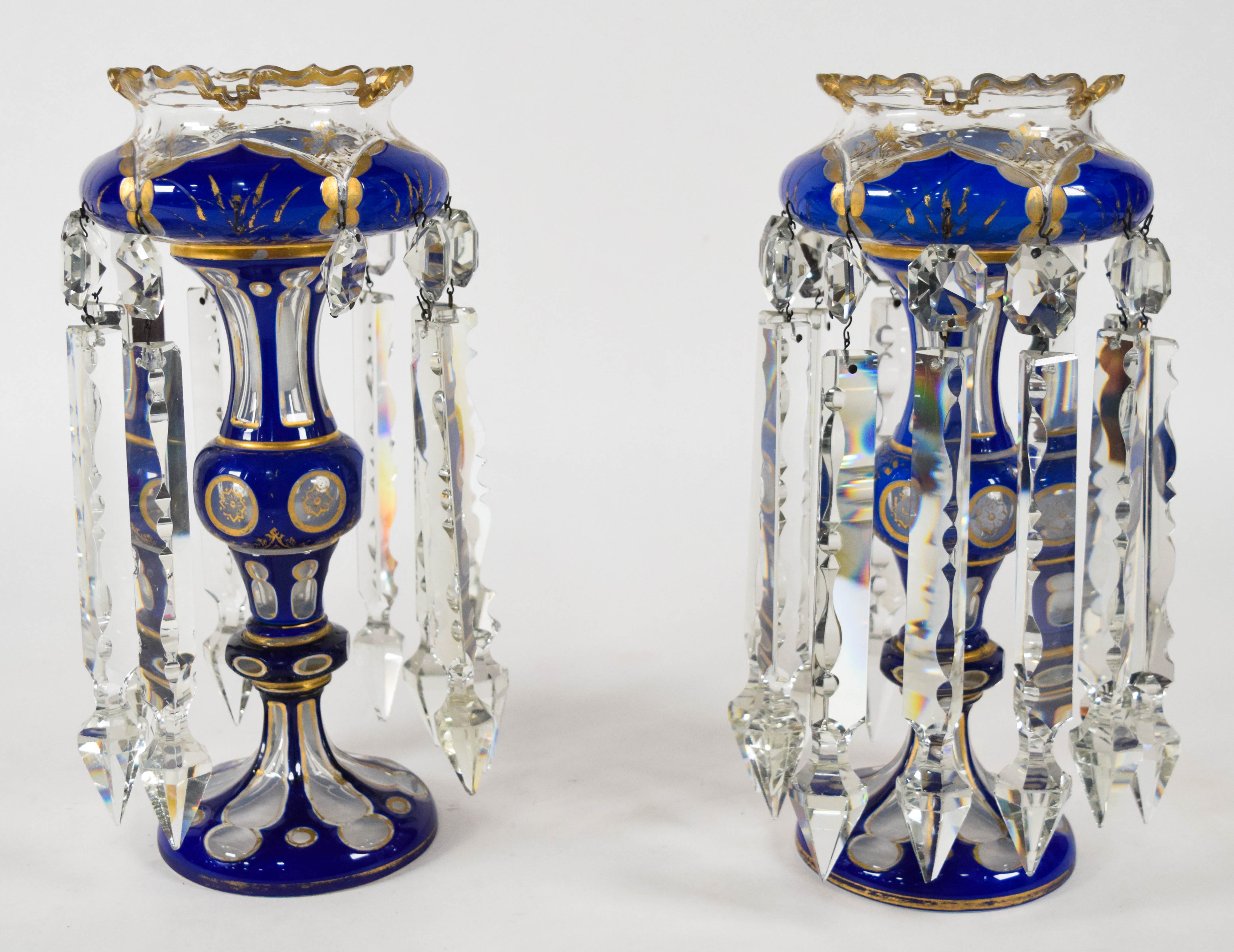 Pair of Bohemian Cobalt Blue Overlay Glass Lustres