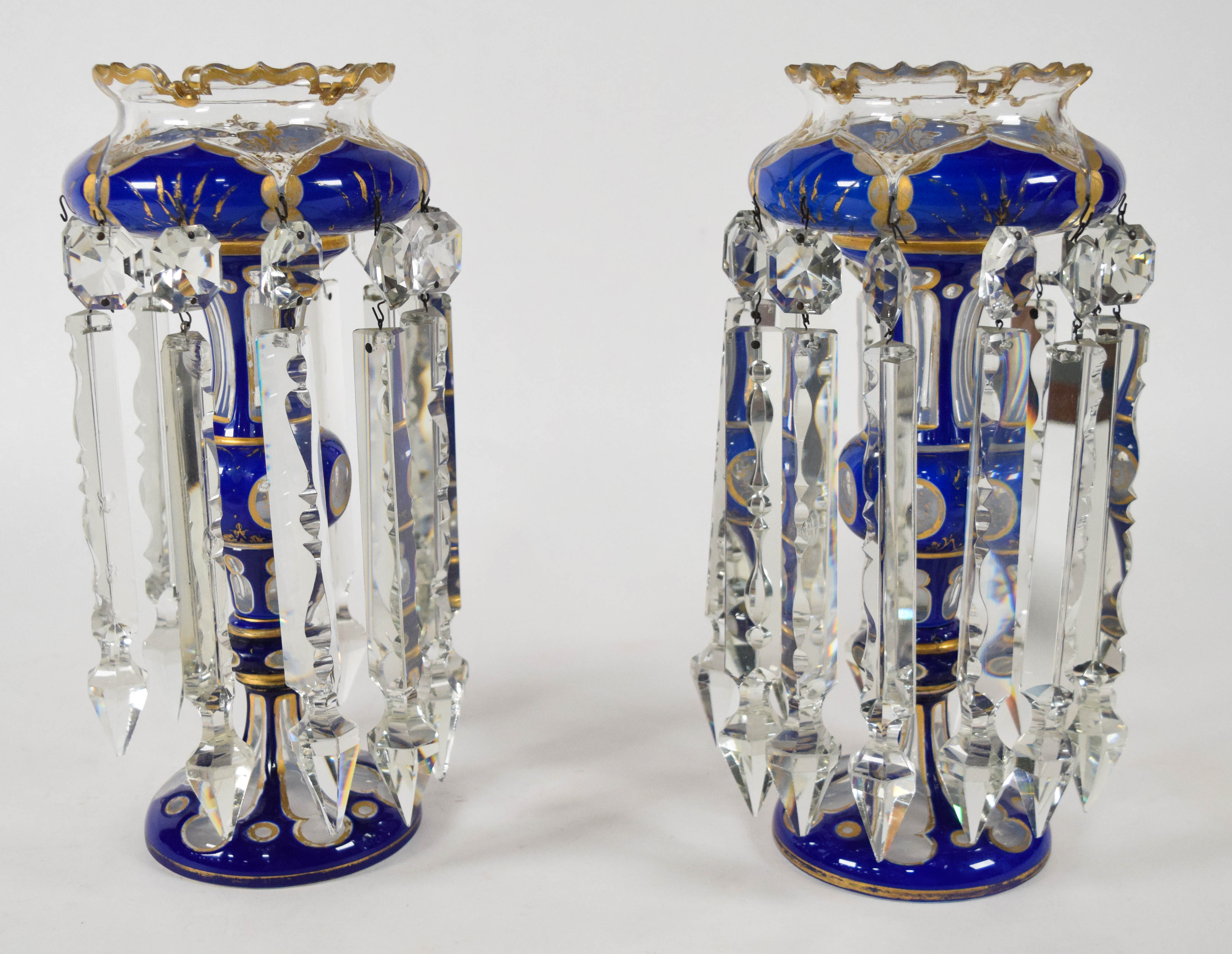 Pair of Bohemian Cobalt Blue Overlay Glass Lustres