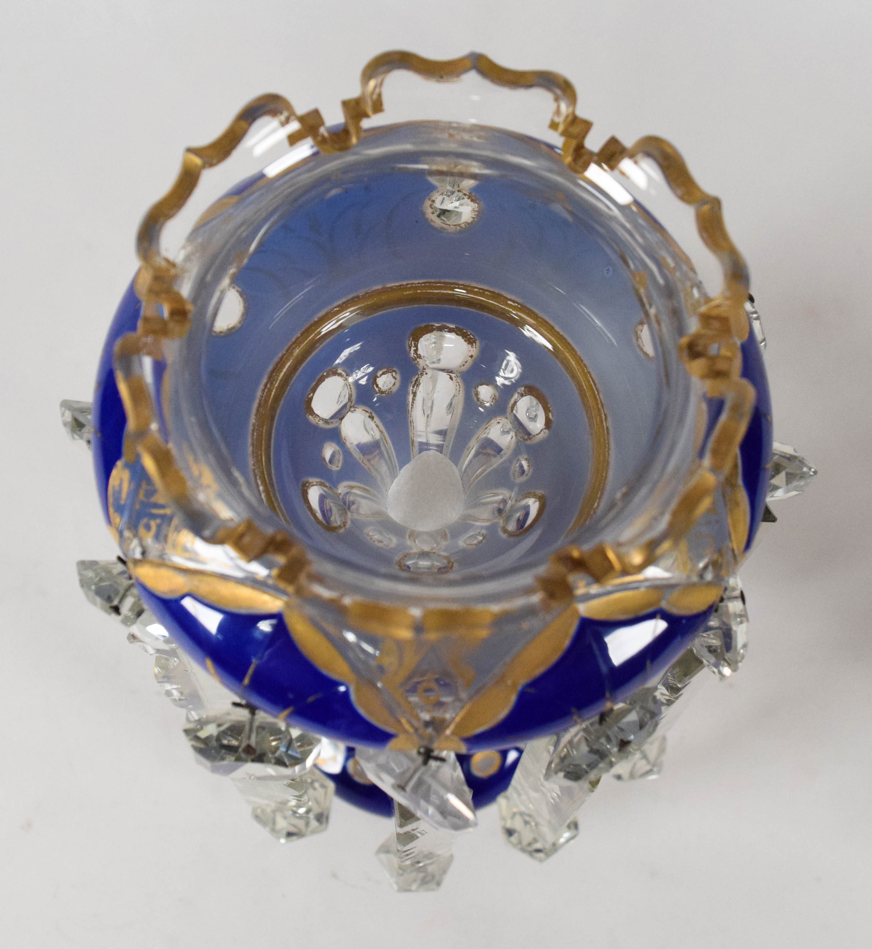 Pair of Bohemian Cobalt Blue Overlay Glass Lustres