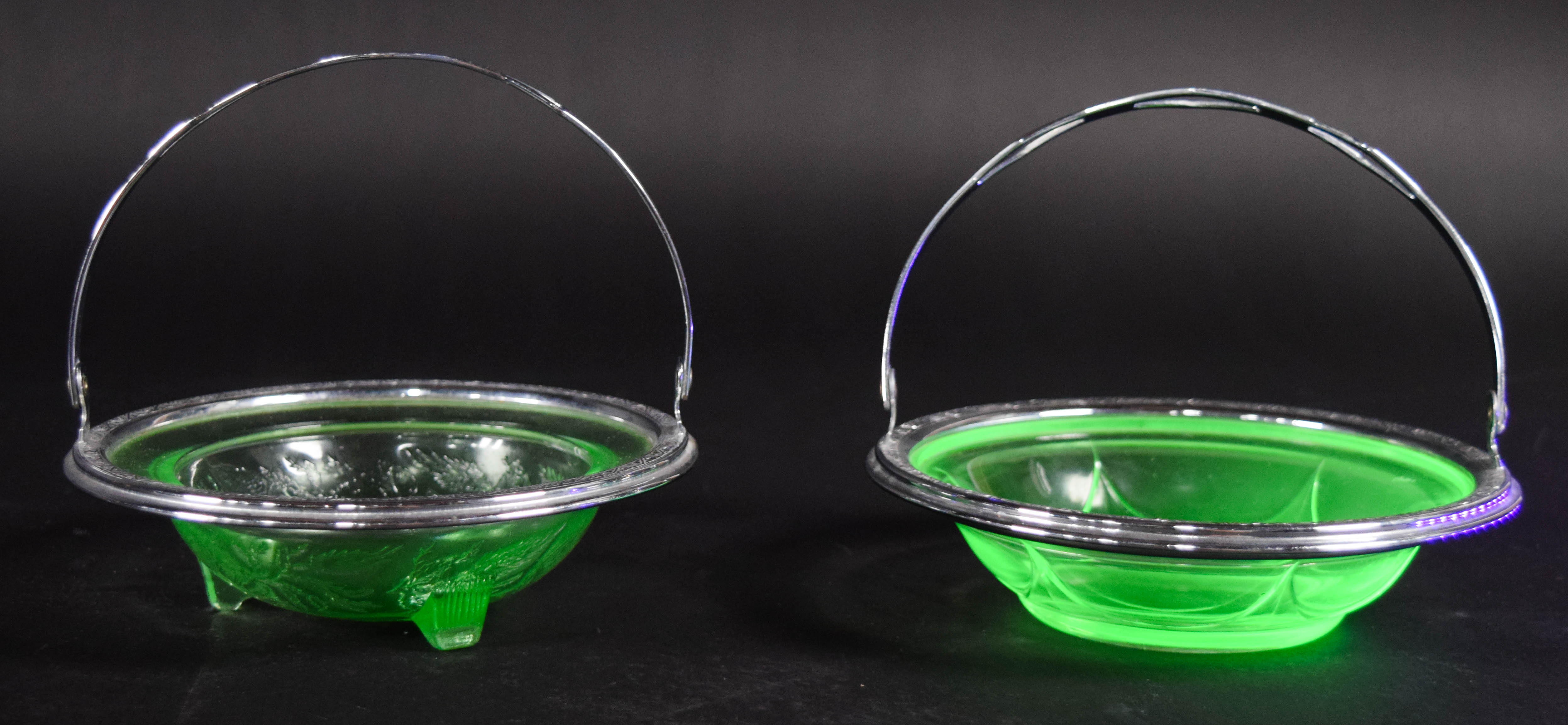 2 Pressed Green Uranium Glass Dishes in Silver-Plated Mounts