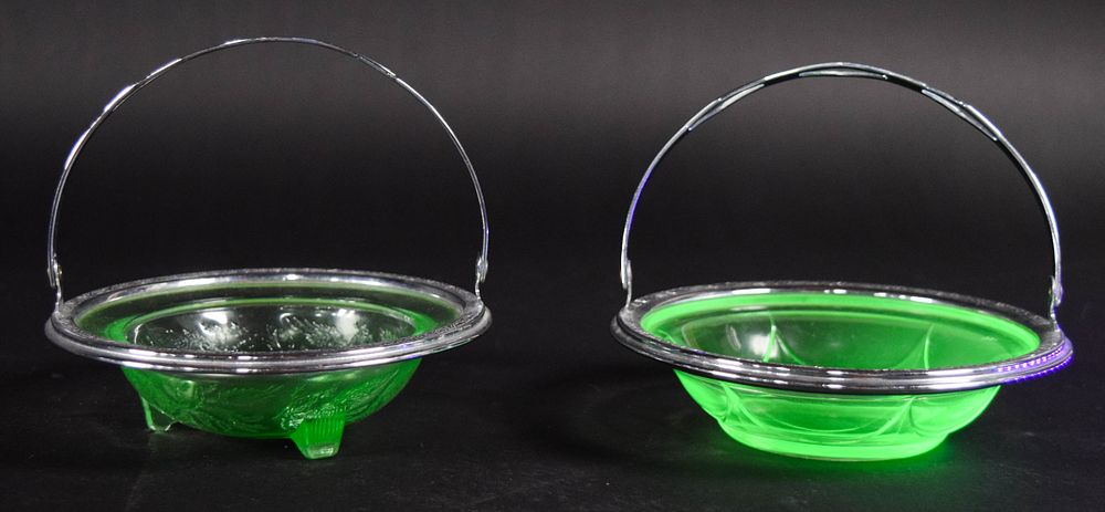 Lot 198: 2 Pressed Green Uranium Glass Dishes in Silver-Plated Mounts