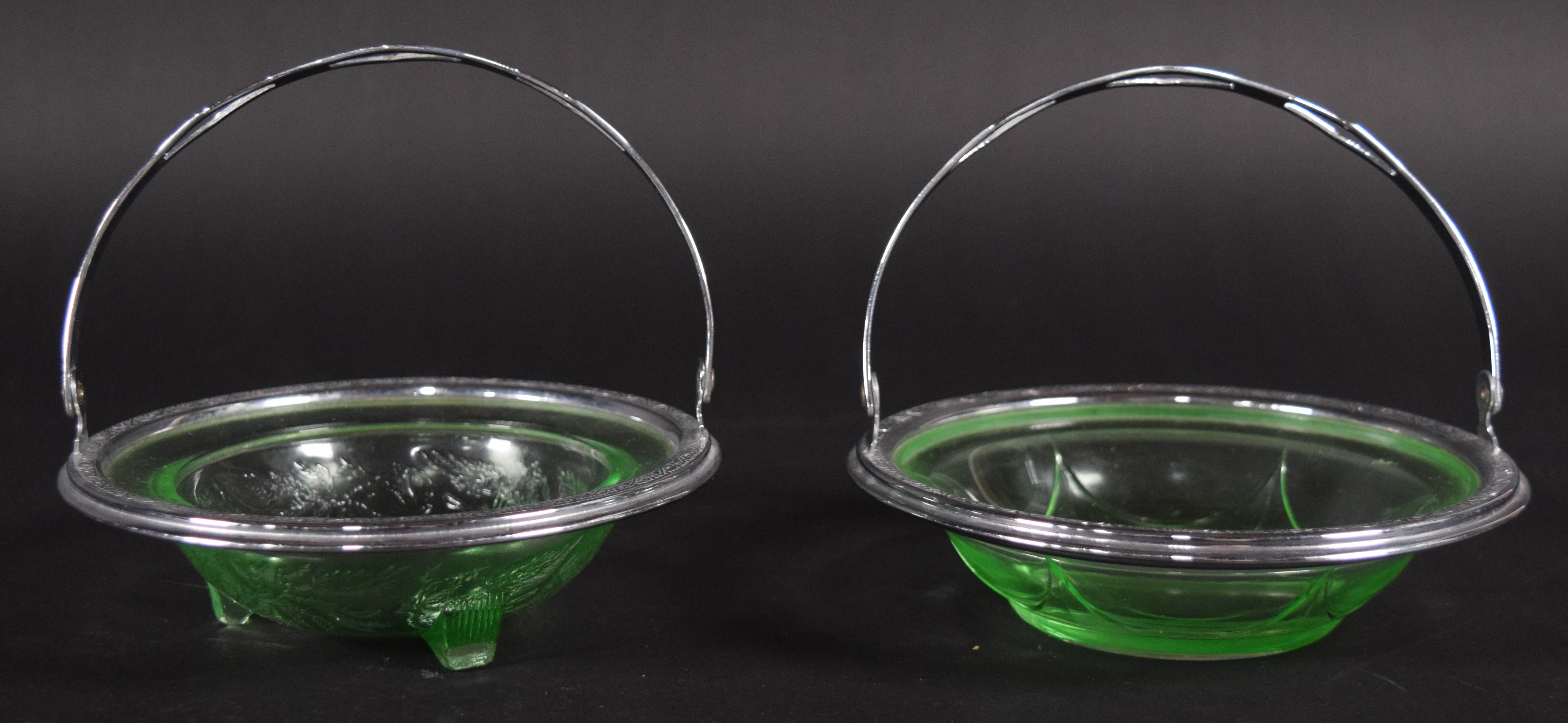 2 Pressed Green Uranium Glass Dishes in Silver-Plated Mounts
