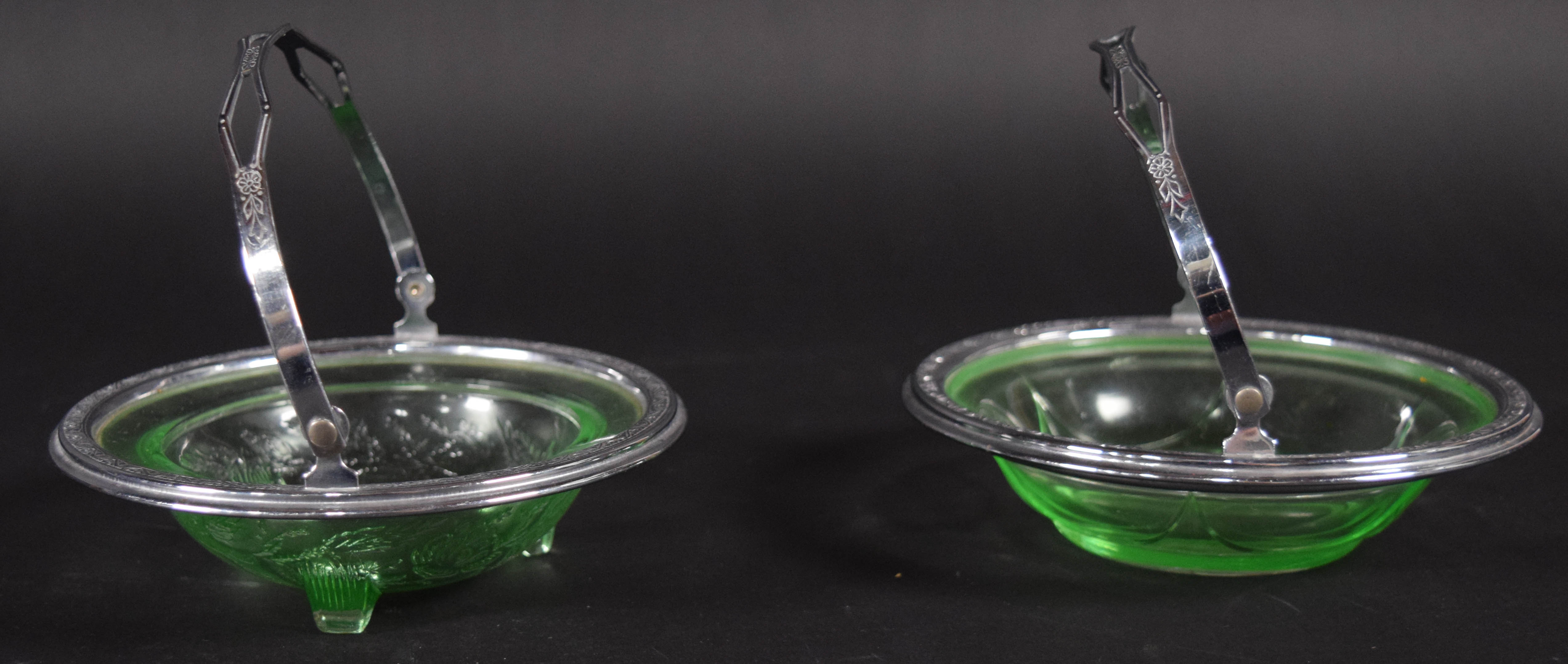 2 Pressed Green Uranium Glass Dishes in Silver-Plated Mounts