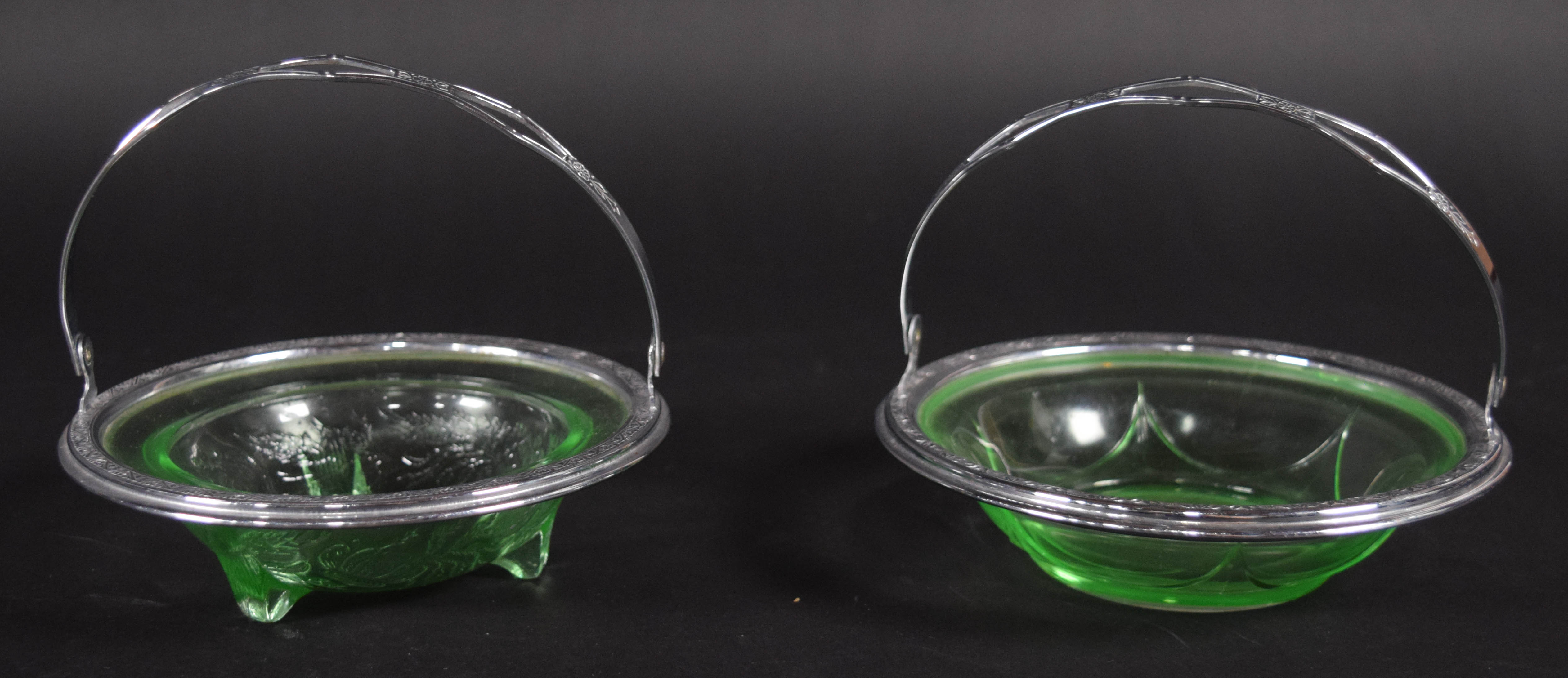 2 Pressed Green Uranium Glass Dishes in Silver-Plated Mounts