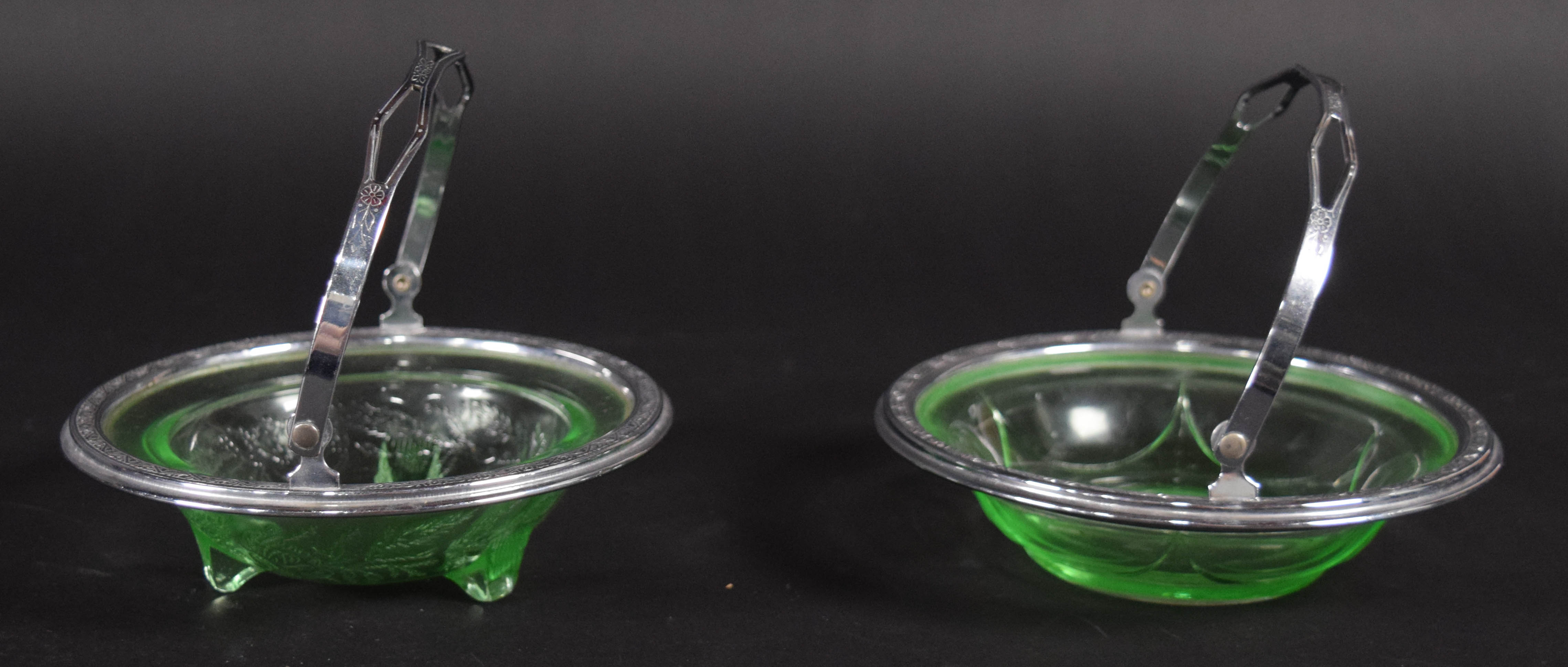 2 Pressed Green Uranium Glass Dishes in Silver-Plated Mounts