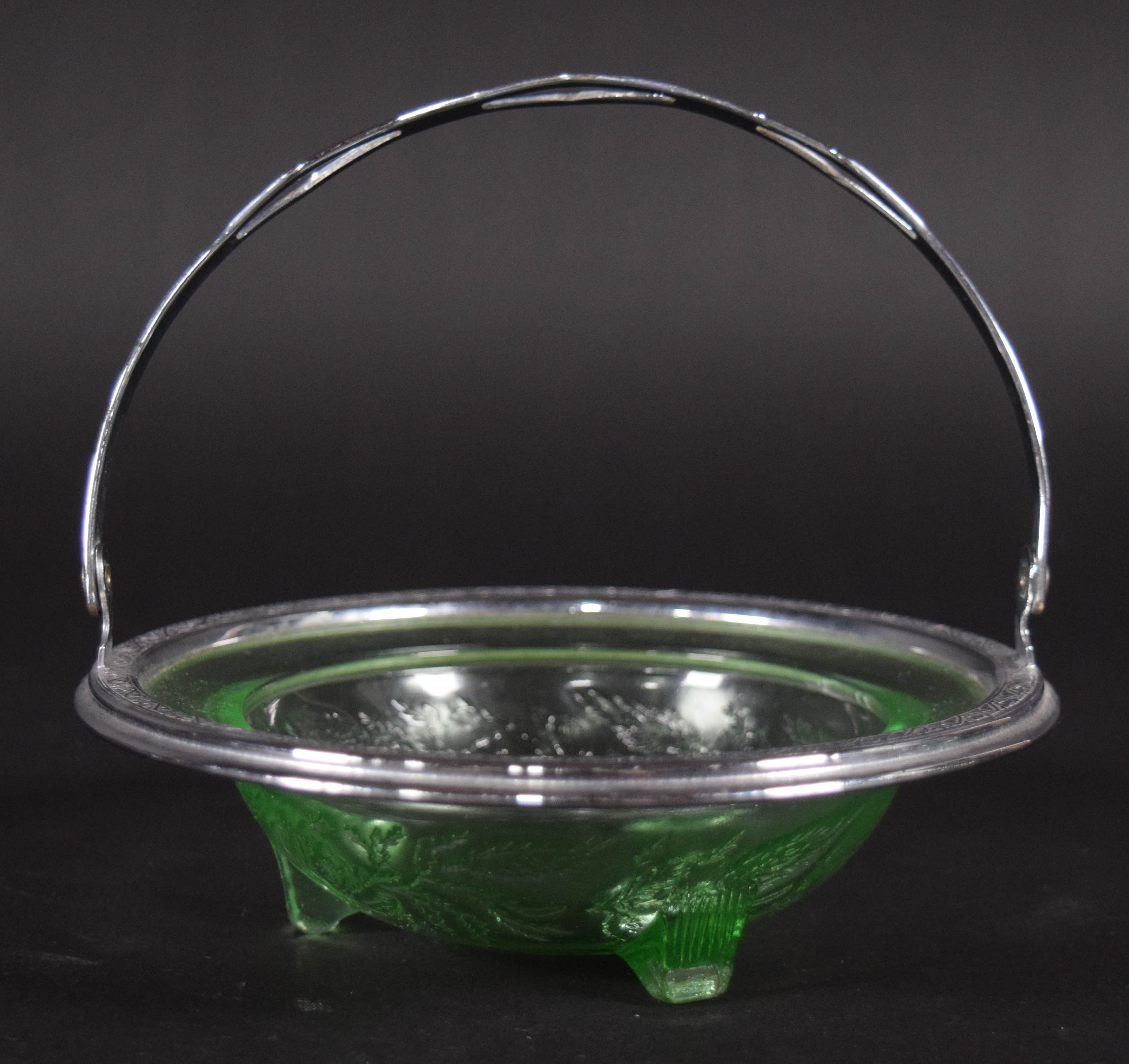 2 Pressed Green Uranium Glass Dishes in Silver-Plated Mounts