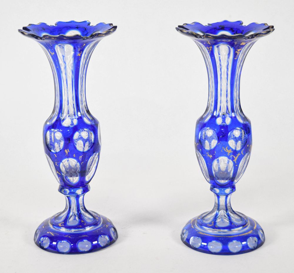 Lot 204: Pair of Bohemian Cobalt Cased Glass Cut to Clear Vases