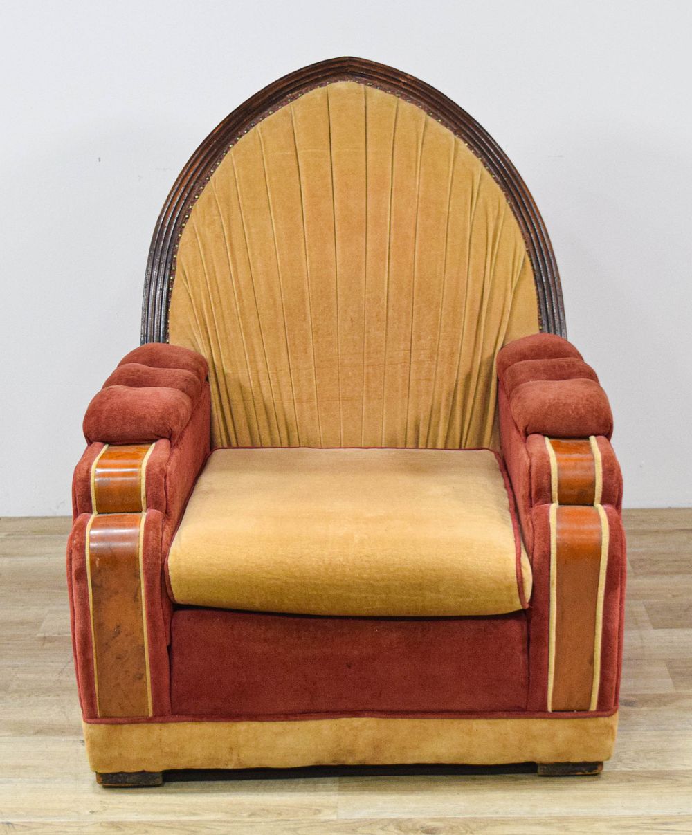 Lot 436: Art Deco Velvet Armchair with Burl Wood Accents