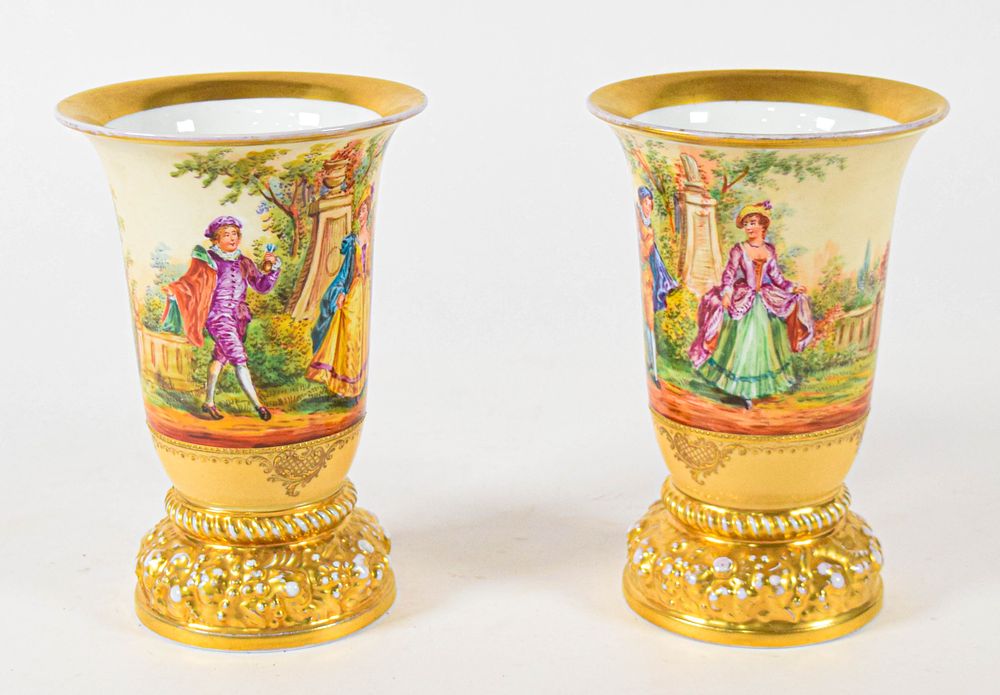 Lot 217: Pair of Dresden Porcelain Trumpet Vases