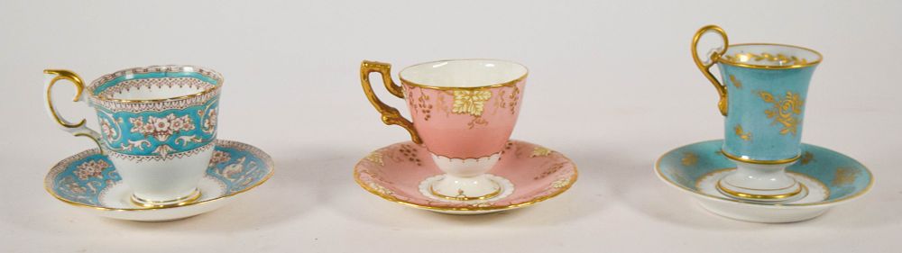 Lot 206: Group of 3 Crown Staffordshire, Royal Crown Derby, and Sevres Style Porcelain Cup and Saucer Sets