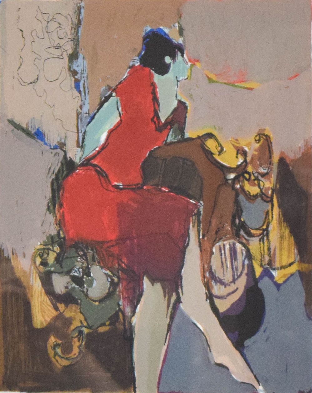 Lot 293: Itzchak Tarkay Color Lithograph Seated Woman in Red Dress