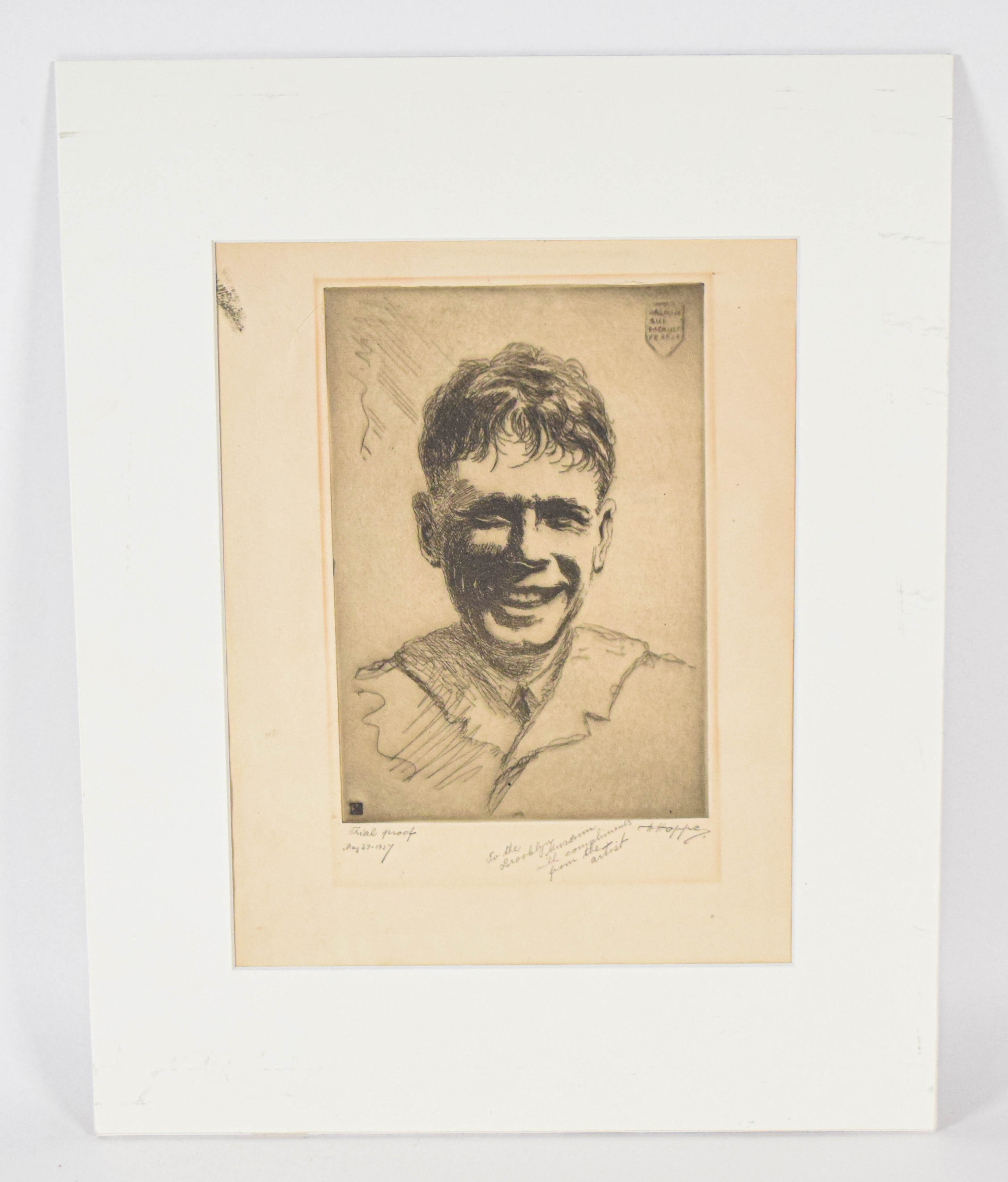 Signed Hoppe Etching Charles Lindbergh Portrait