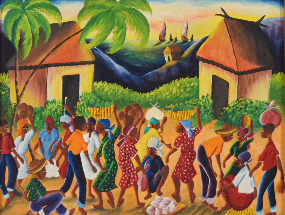 Lot 410: Laurent Casimir Oil on Board Village Market Scene