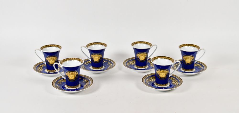 Lot 208: Set of 6 Versace Rosenthal Porcelain Medusa Blue Tea Cups and Saucers