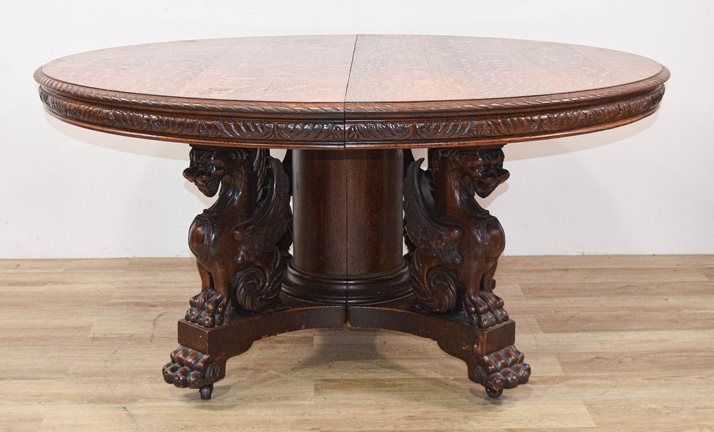 Lot 420: R.J. Horner Style Quartersawn Oak Dining Table with Extension Leaf