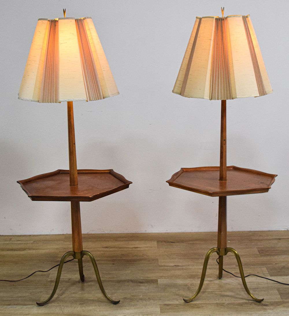Lot 277: Pair of Mid-Century Modern Walnut and Brass Dumbwaiter Floor Lamps