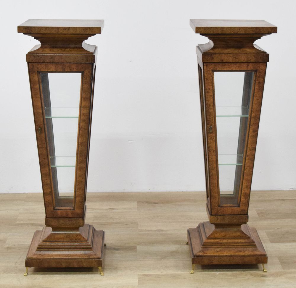 Lot 427: Pair of Empire Revival Burl Wood Vitrine Pedestal Display Cases