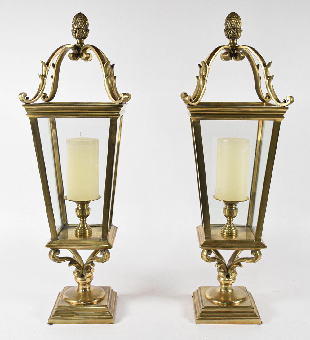 Lot 268: Pair of Neoclassical Revival Brass and Glass Tabletop Candle Lanterns