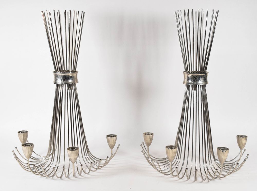 Lot 279: Pair of MCM Style Silver-Plated Wall Mounted Candelabras