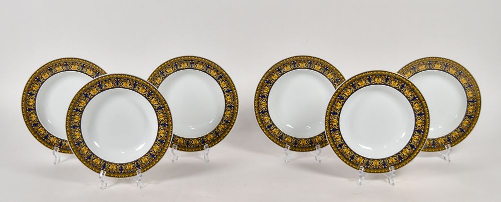 Lot 212: Set of 6 Versace Rosenthal Porcelain Medusa Blue Rimmed Bowls