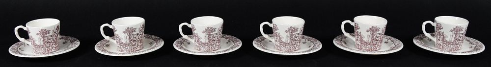 Lot 207: Set of 6 Hermes Faience Les Maisons Enchantees Tea Cups and Saucers