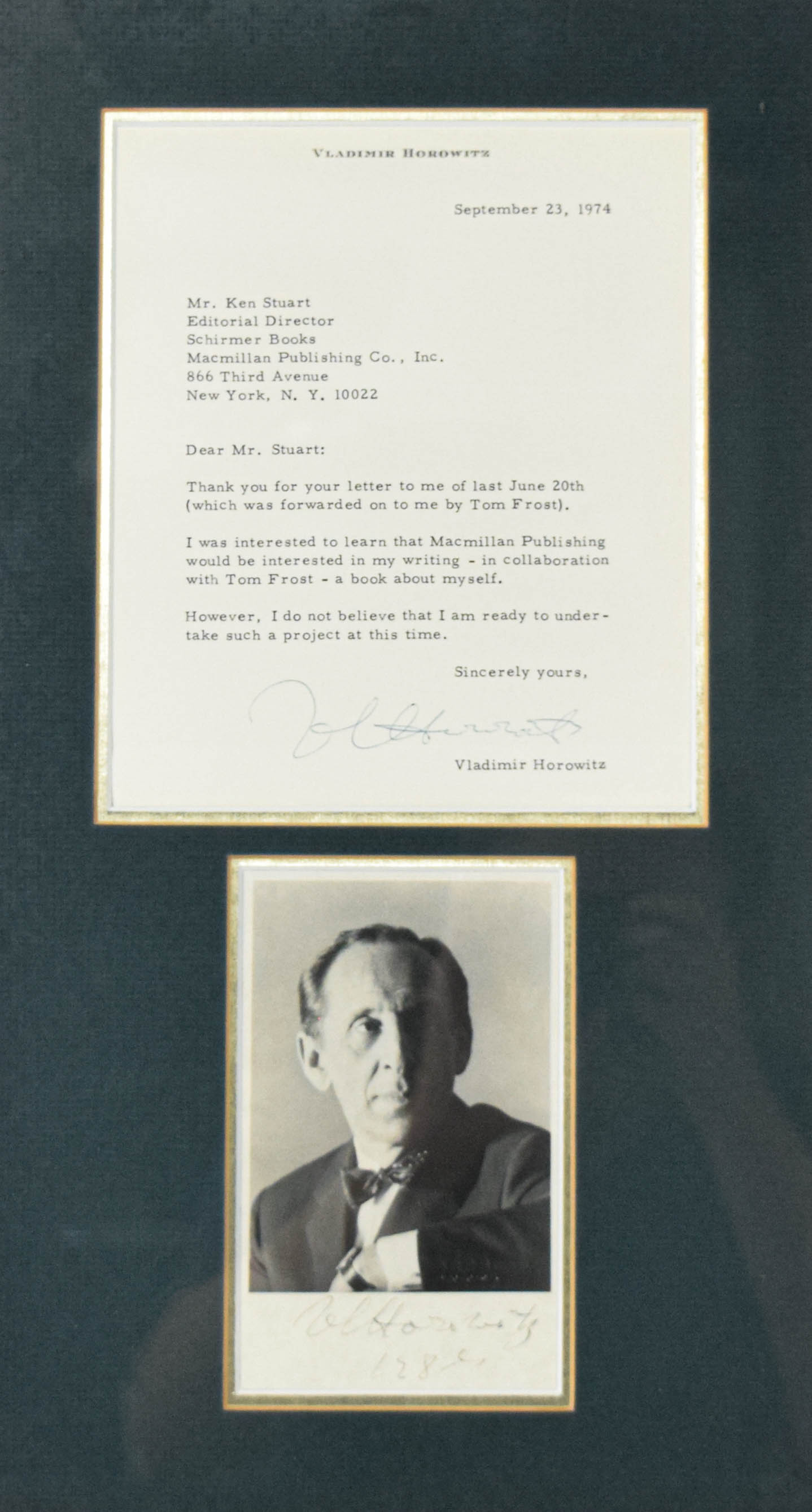Vladimir Horowitz Framed Typed Letter Signed and Signed Photograph