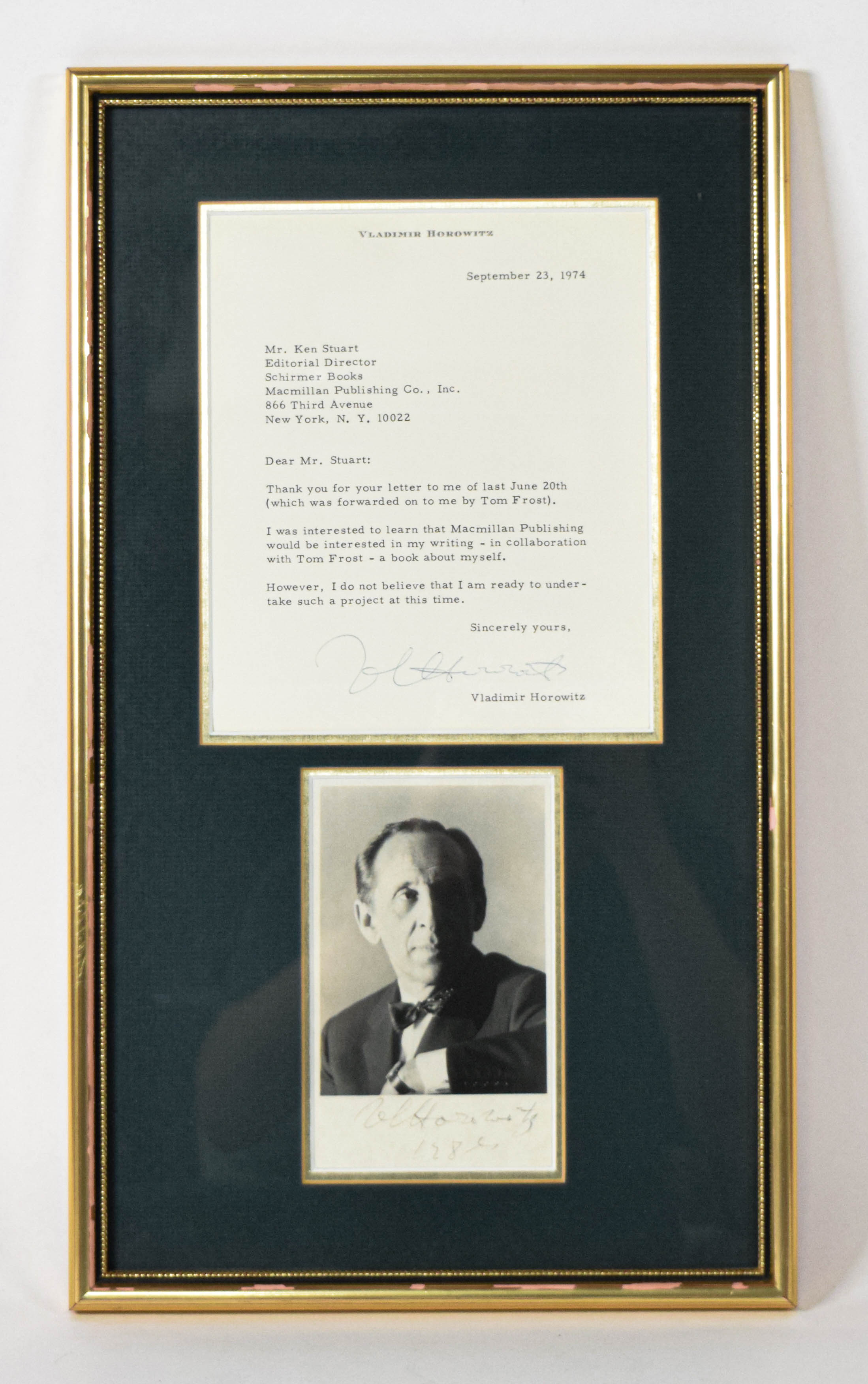 Vladimir Horowitz Framed Typed Letter Signed and Signed Photograph