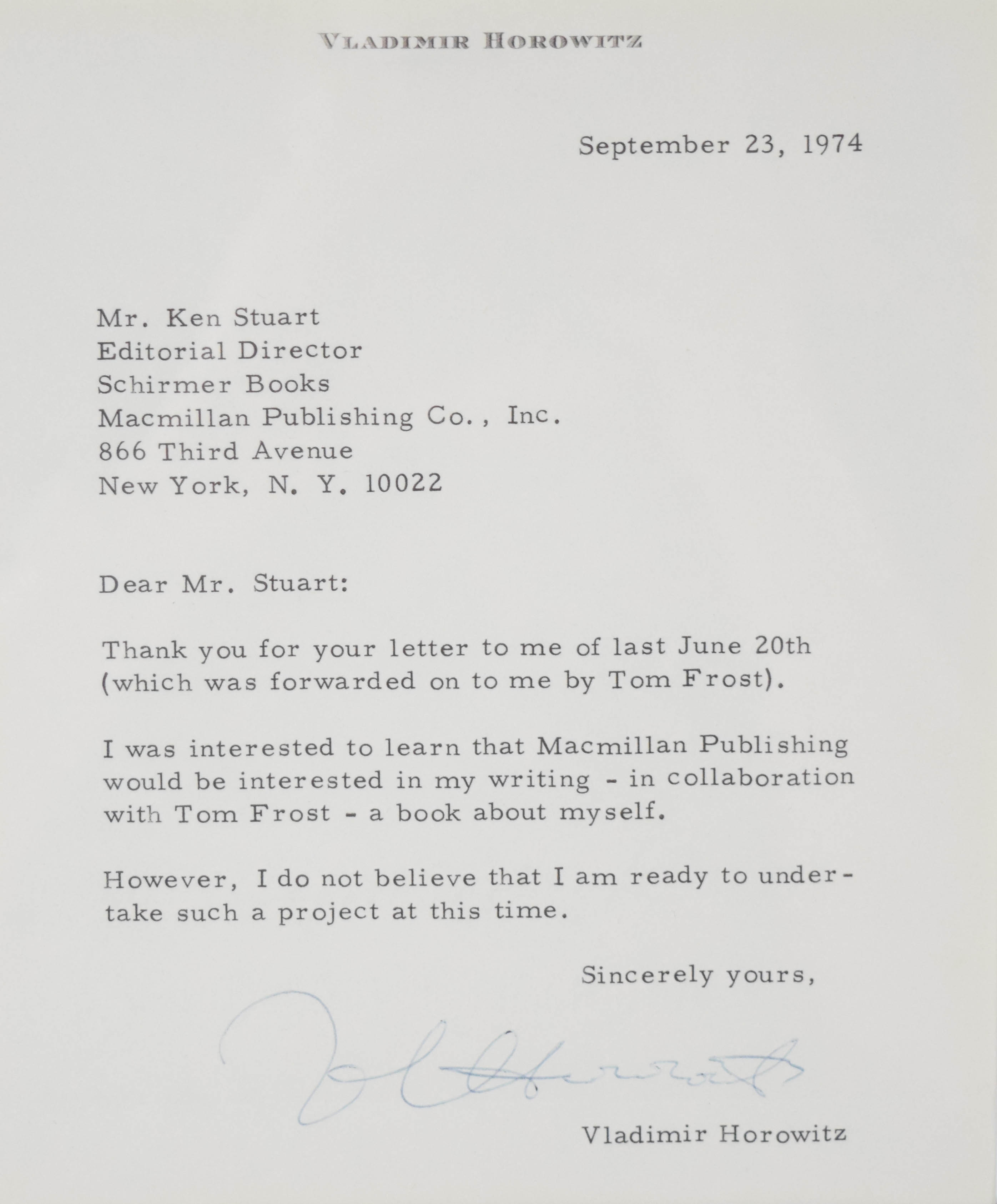 Vladimir Horowitz Framed Typed Letter Signed and Signed Photograph