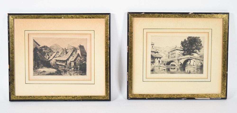 Lot 177: Pair of Etchings French Architectural Views Attributed to Charlotte Therese Darche