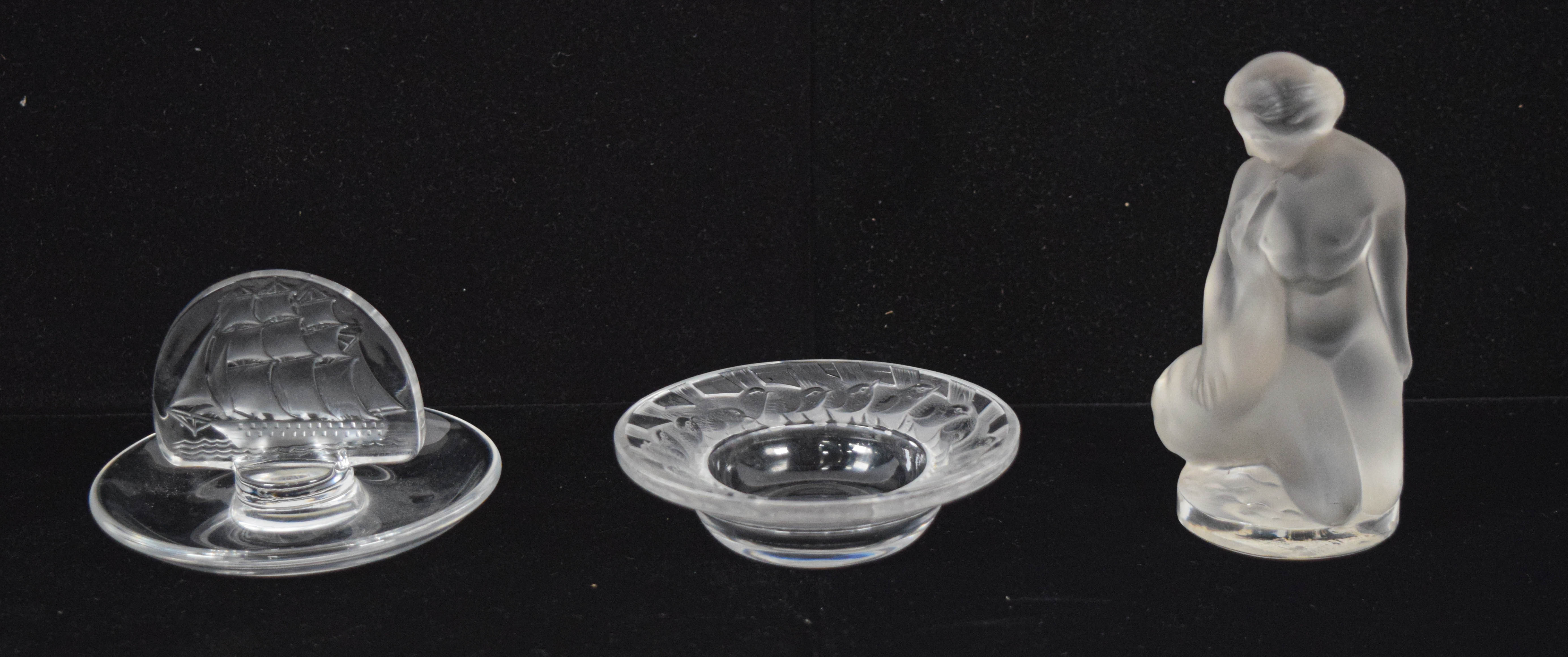 Group of 3 Lalique Crystal Objects Incl Figurine Bowl and Ring Dish