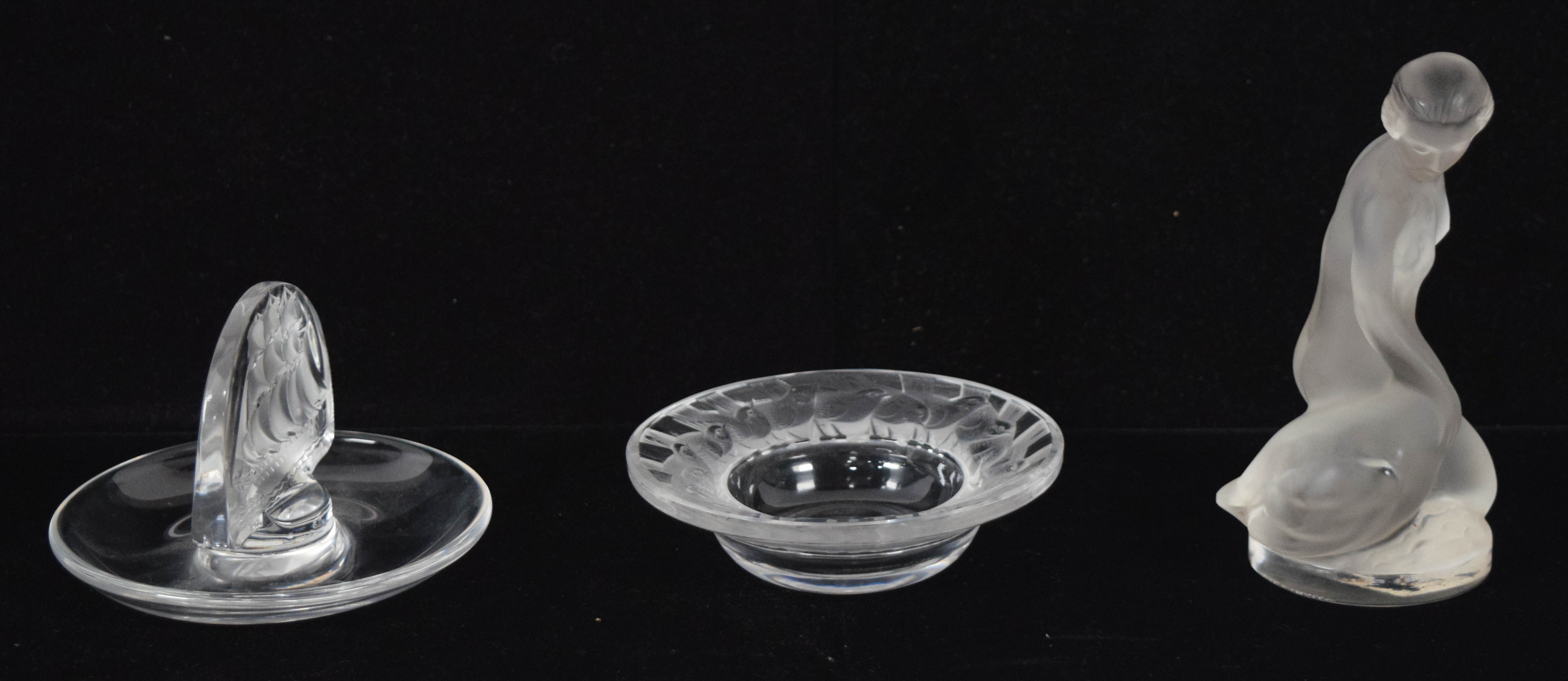 Group of 3 Lalique Crystal Objects Incl Figurine Bowl and Ring Dish