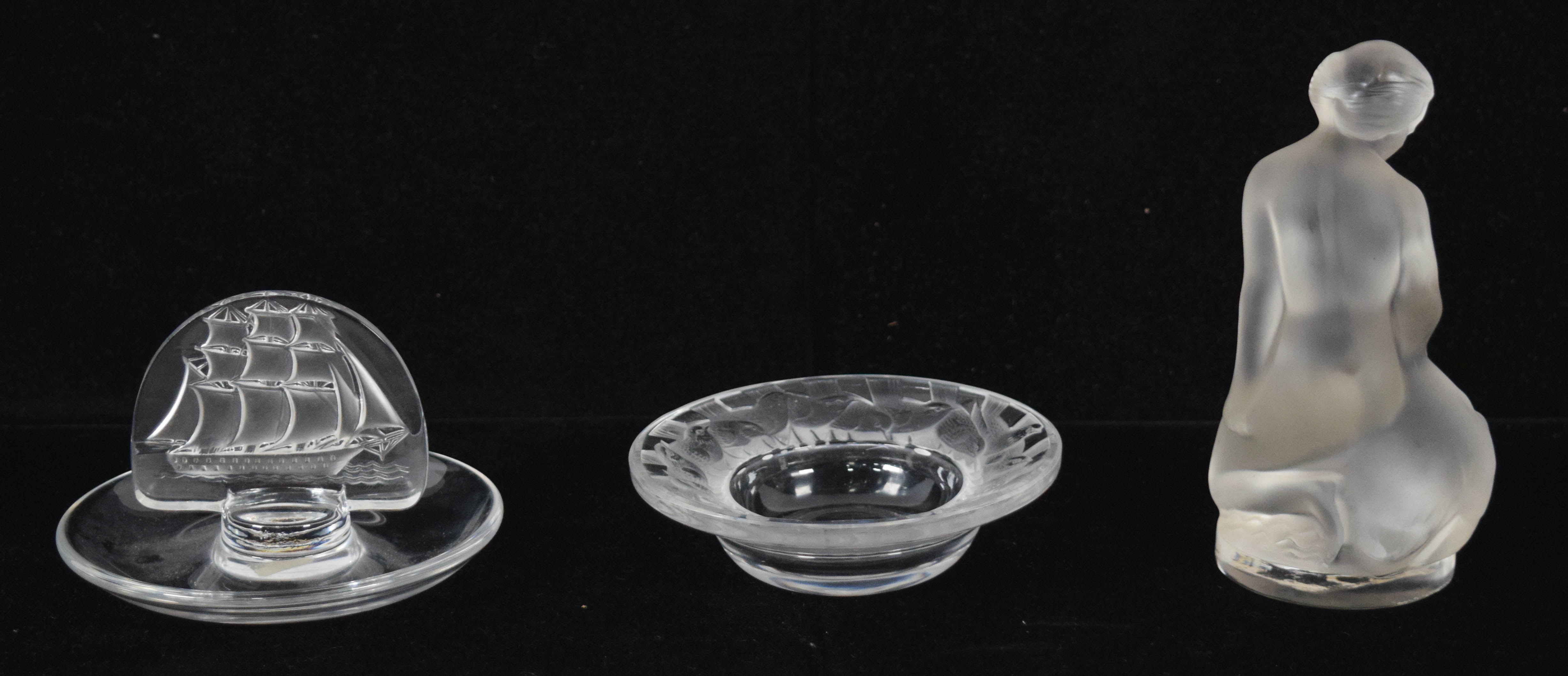 Group of 3 Lalique Crystal Objects Incl Figurine Bowl and Ring Dish