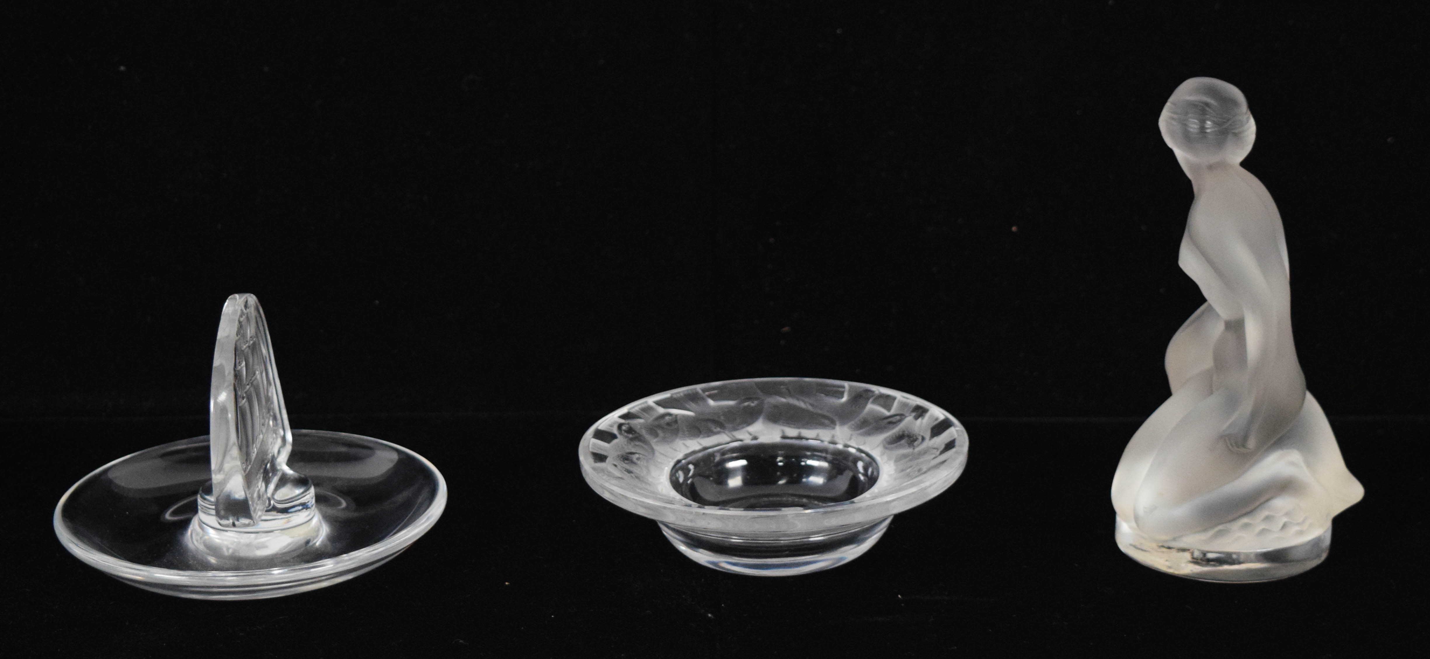 Group of 3 Lalique Crystal Objects Incl Figurine Bowl and Ring Dish