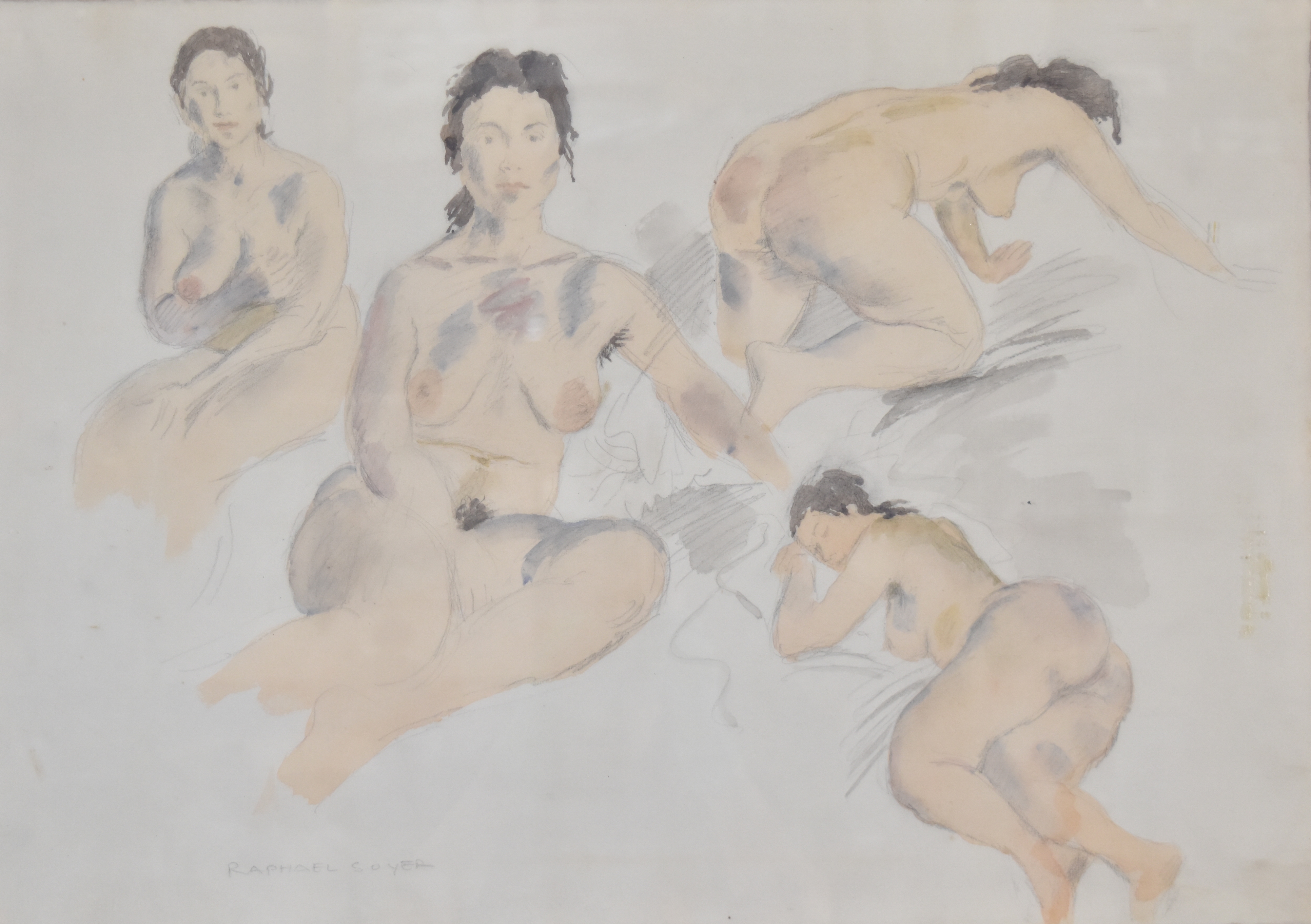 Raphael Soyer Watercolor and Graphite on Paper Four Female Nudes