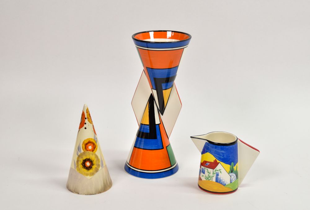 Lot 235: 3 Clarice Cliff Earthenware Objects Including Mondrian Yo-Yo Vase