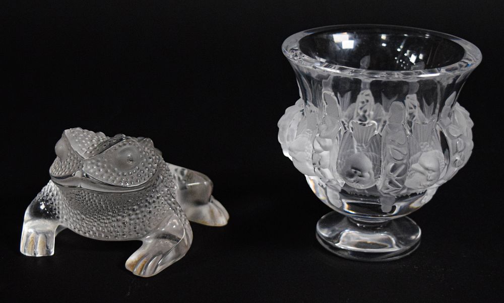 Lot 189: Lalique Frosted Crystal Elisabeth Bird Vase and Frog Paperweight