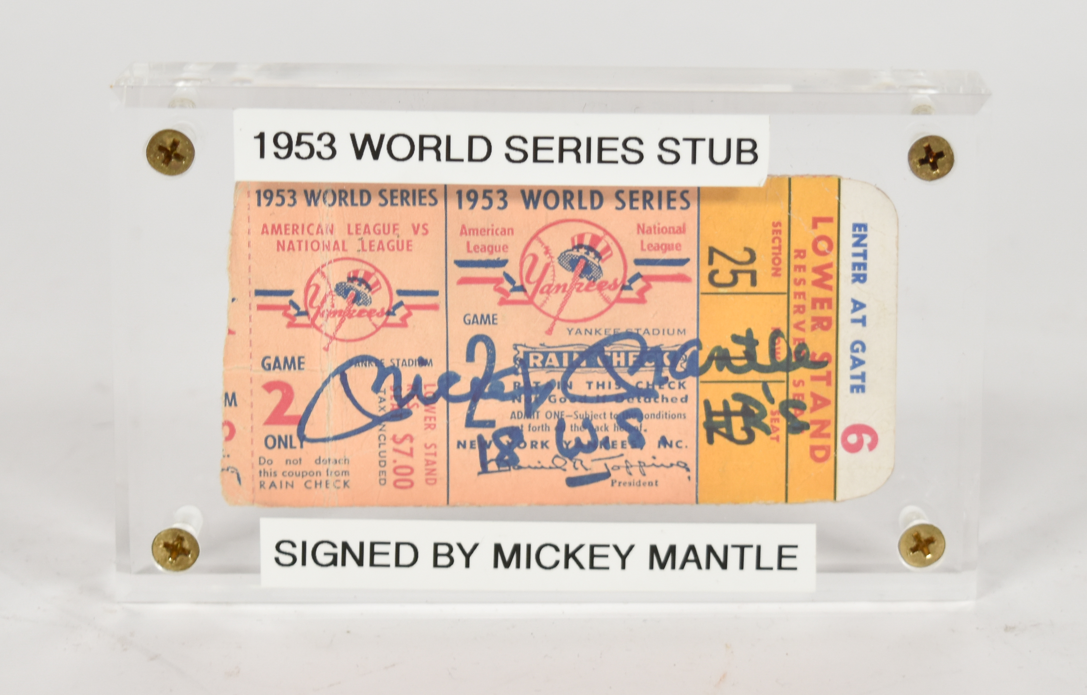 Mickey Mantle Signed Paper 1953 World Series Game 2 Ticket Stub