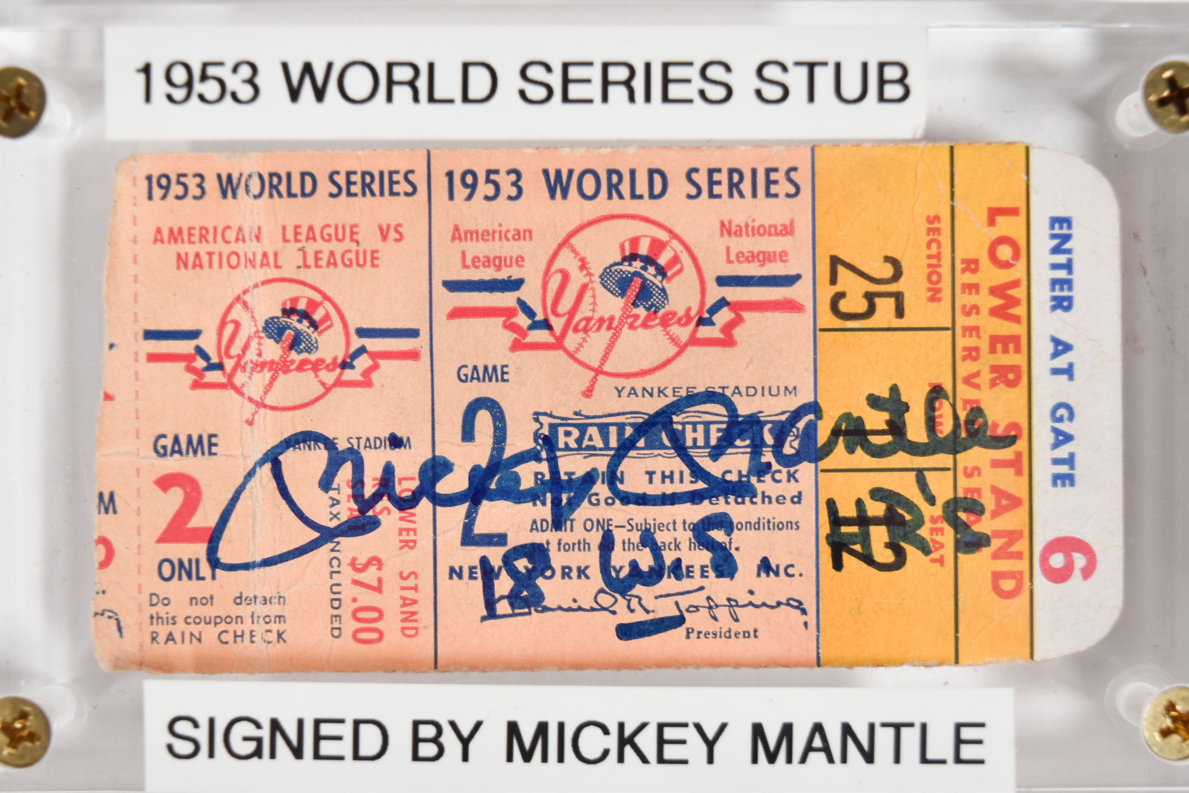 Mickey Mantle Signed Paper 1953 World Series Game 2 Ticket Stub