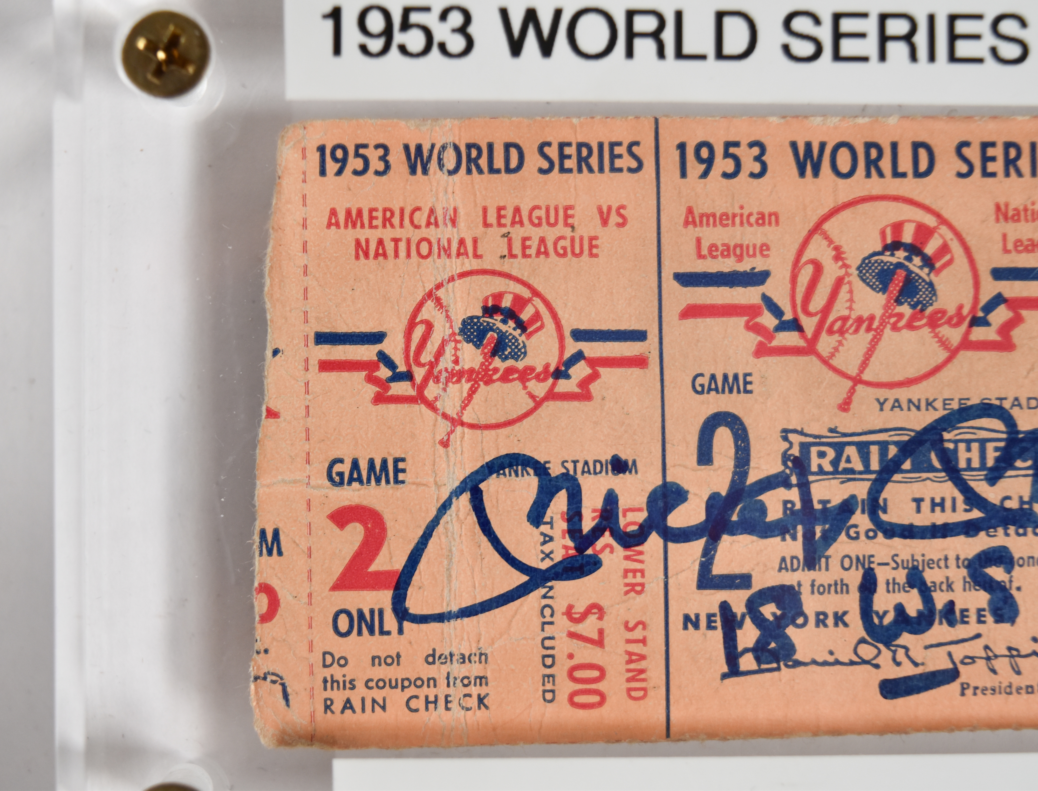 Mickey Mantle Signed Paper 1953 World Series Game 2 Ticket Stub