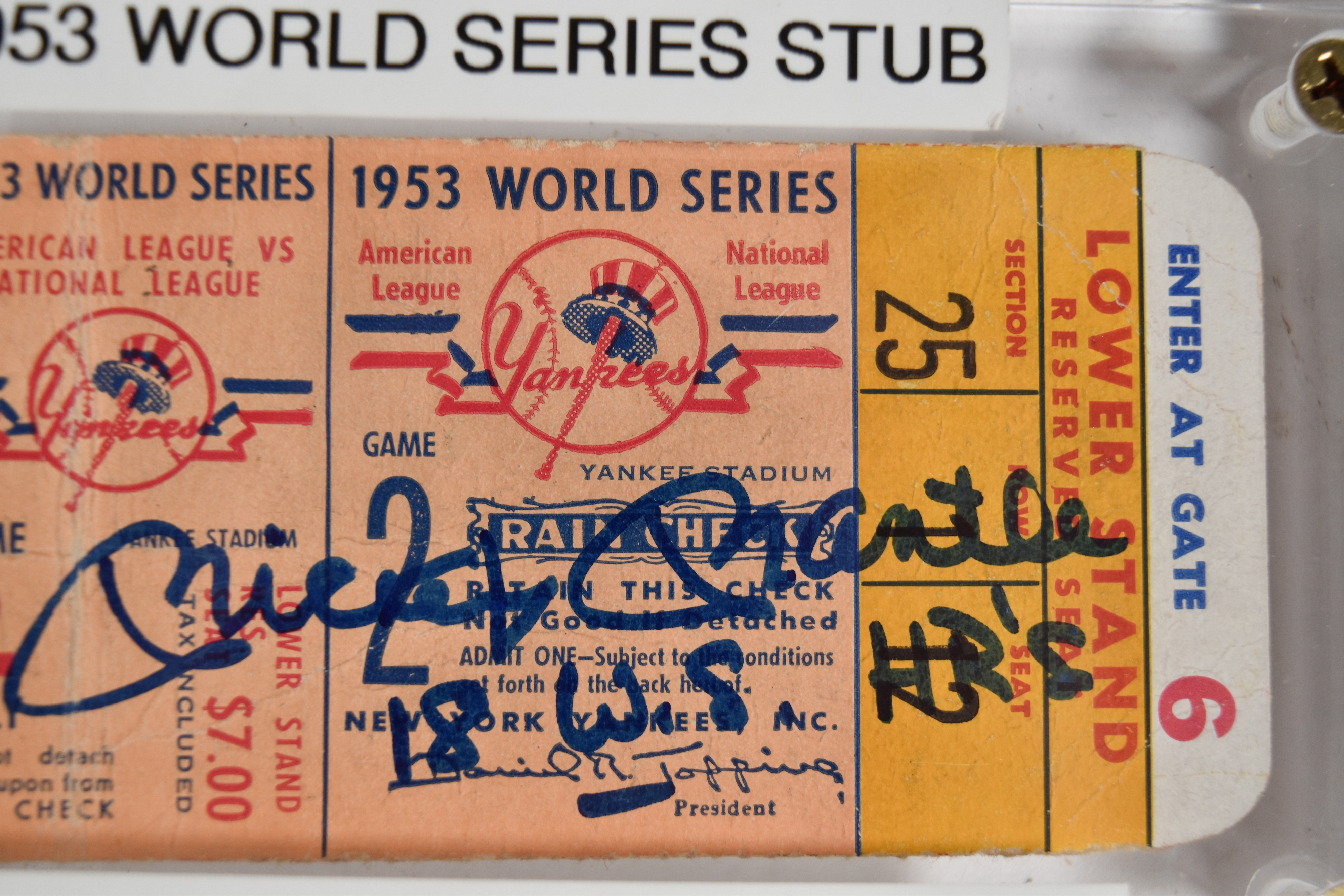 Mickey Mantle Signed Paper 1953 World Series Game 2 Ticket Stub