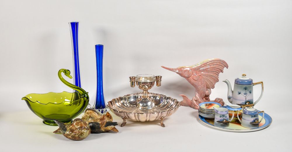 Lot 227: Assortment of Noritake Porcelain, Royal Haeger Ceramic, and Silver-Plated Tableware
