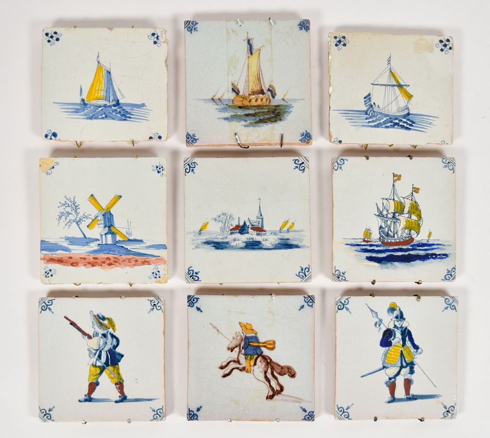 Lot 244: 9 Delft Polychrome Tin Glazed Earthenware Tiles