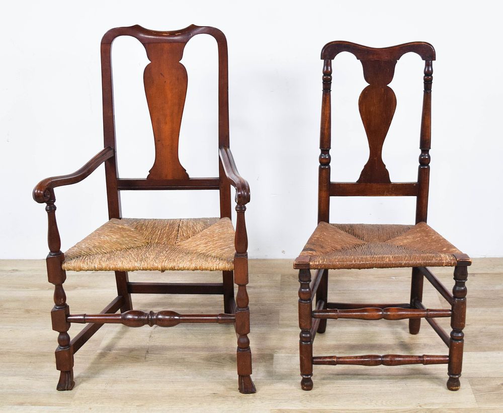 Lot 433: 2 Queen Anne Style Stained Hardwood Rush Seat Chairs