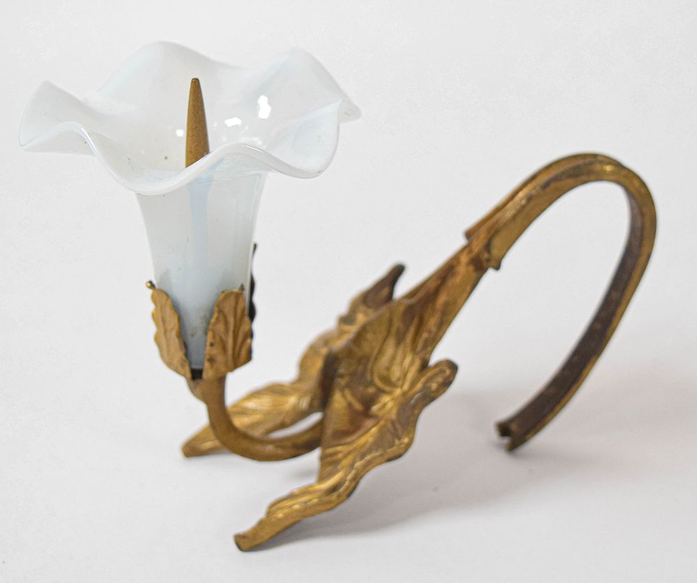 Lot 267: Group of 5 Art Nouveau Gilt Metal and Opalescent Glass Pricket Candle Sconces