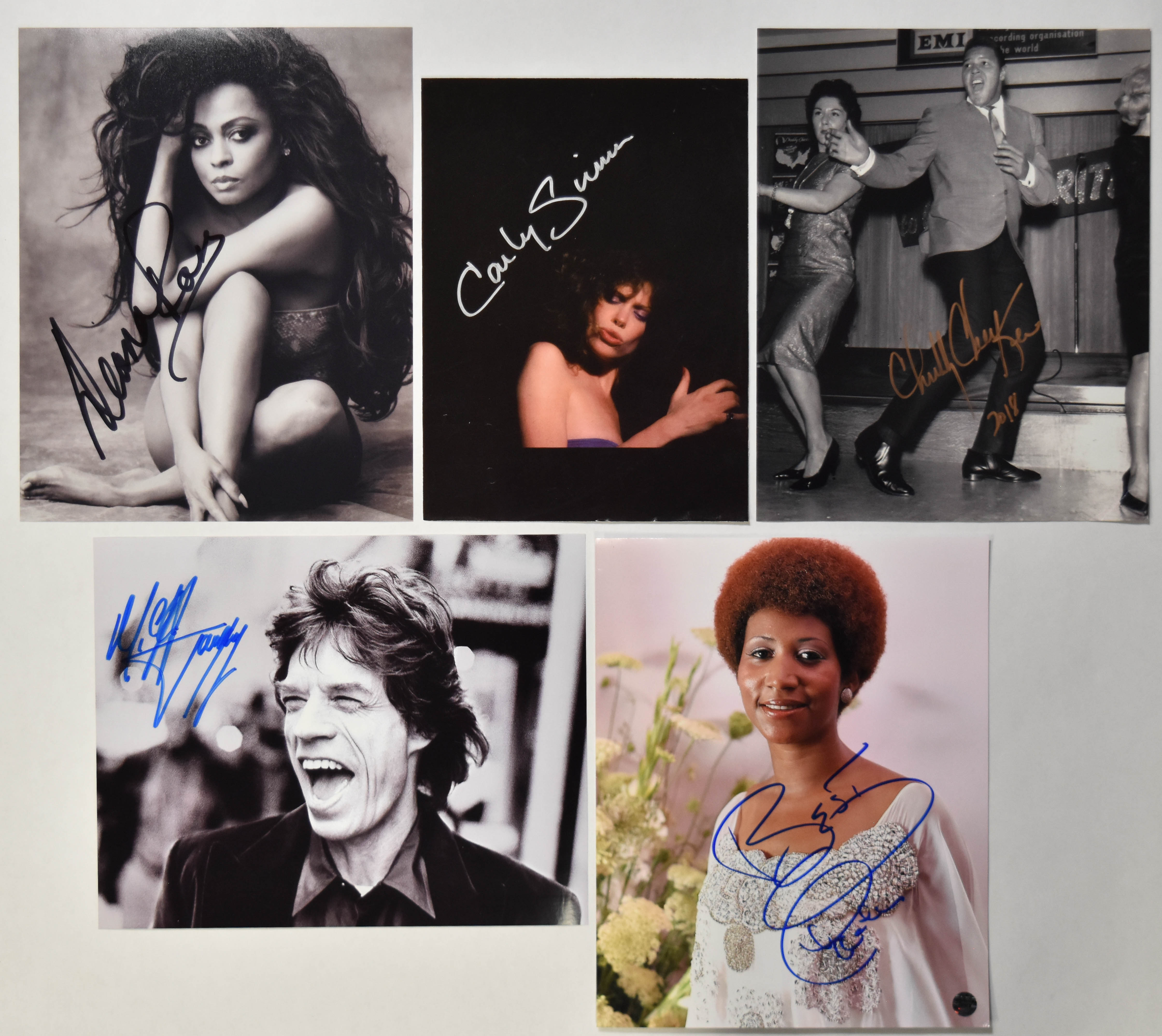5 Signed Photographs of Musical Icons Including Diana Ross and Mick Jagger