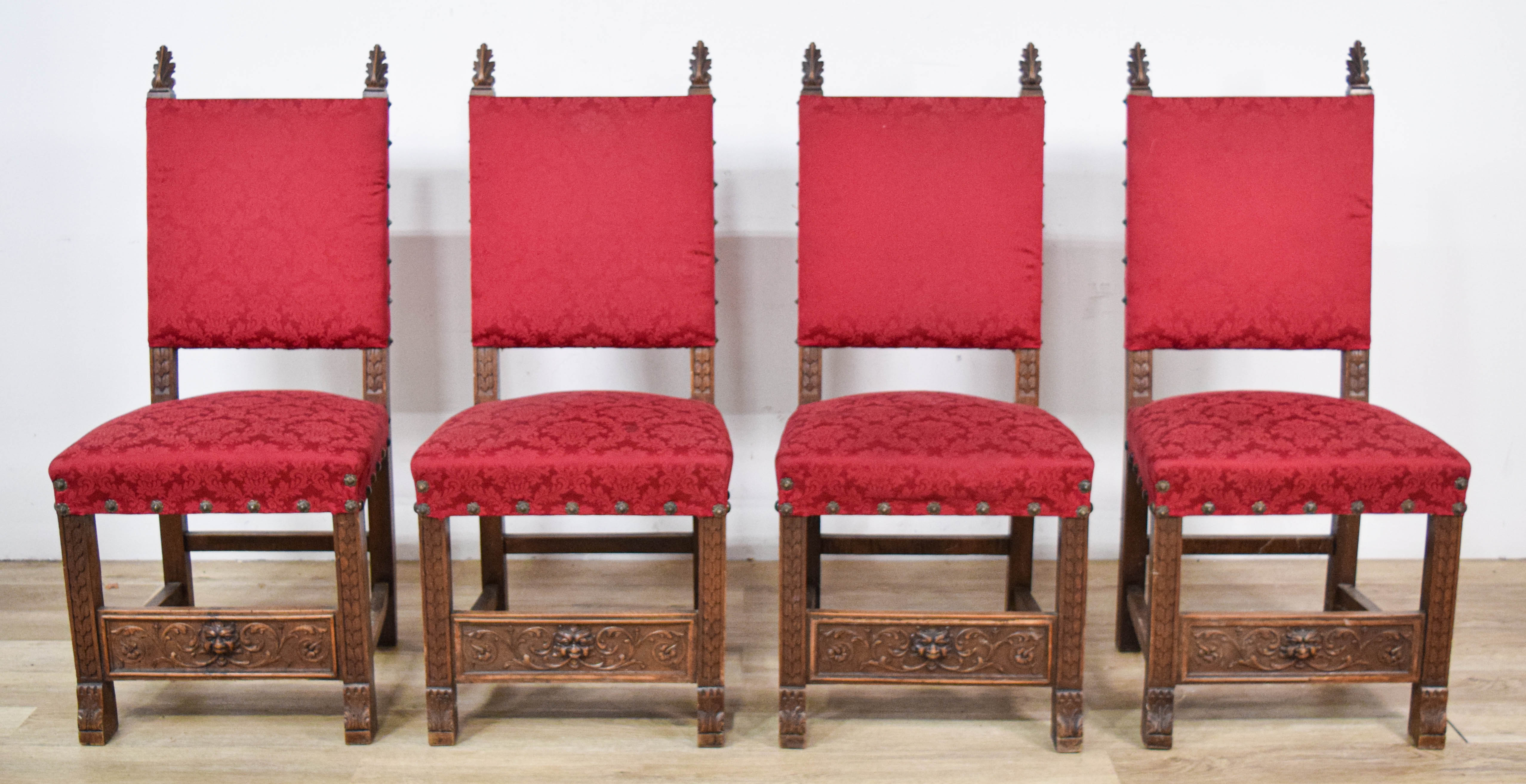 4 Jacobean Revival Style Carved Oak Side Chairs