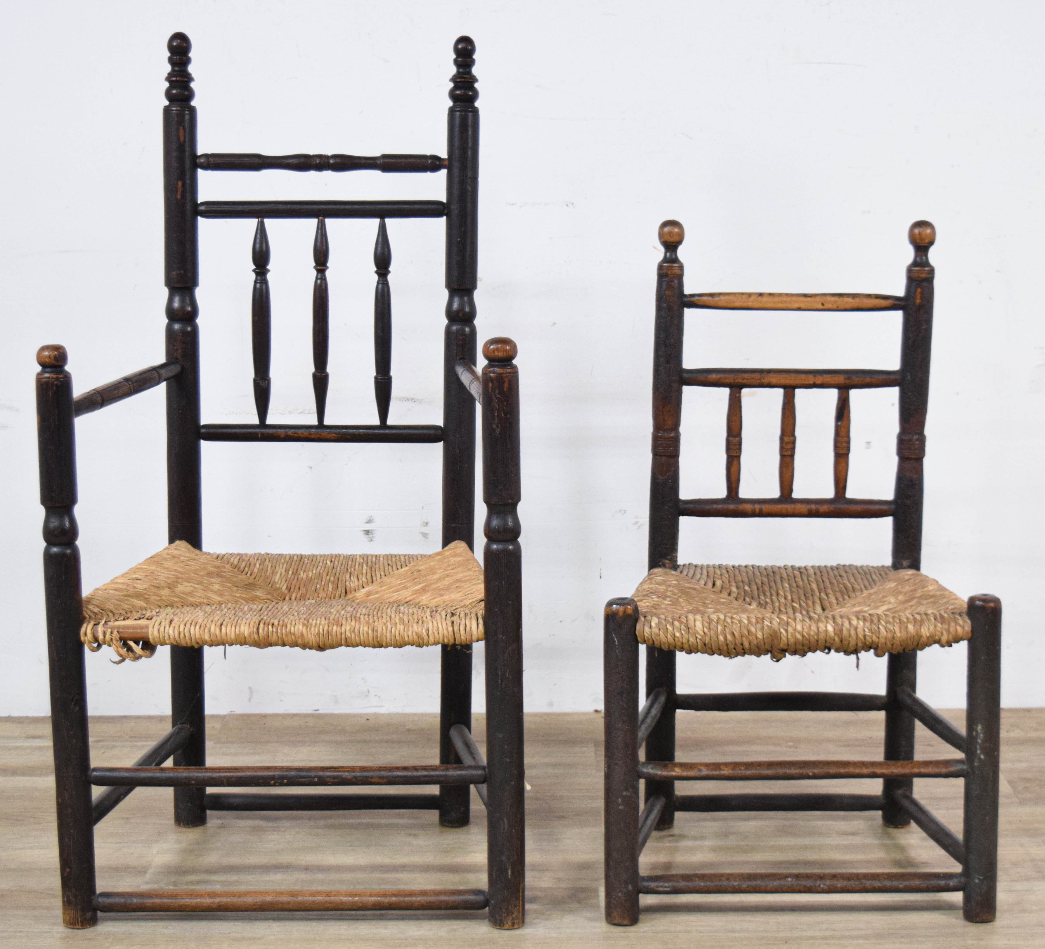 2 Early American Country Spindle-Back Chairs with Rush Seats
